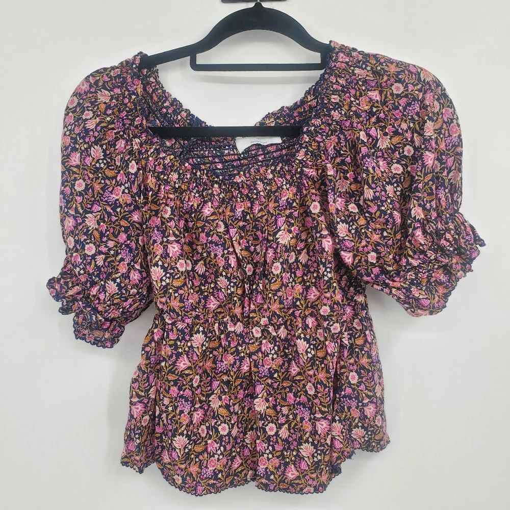 ♤♤ Old Navy Floral Puff Sleeve Peplum Top Size XS Pink Black